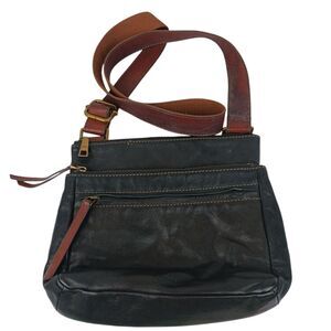 Fossil Black Leather Adjustable Crossbody Bag Purse Brown Trim 3 Zip Pockets